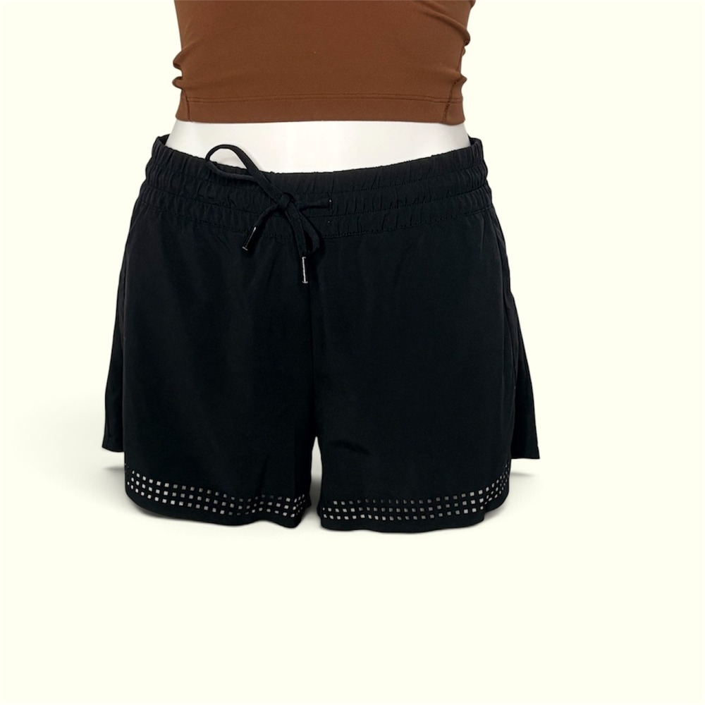 Athleta Laser Cut Running Shorts Women 6 Black Polyester Spandex Perforated Hem
